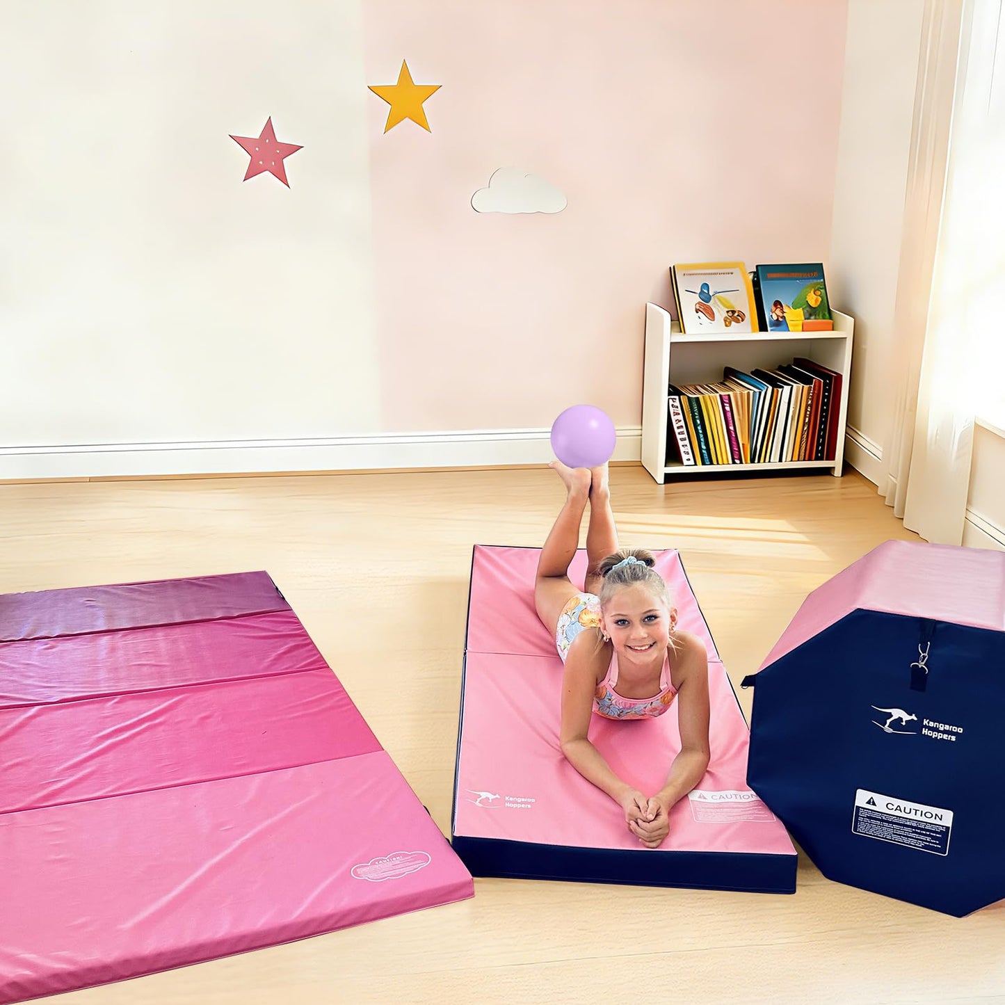 Kangaroo Hoppers 4×8 FT Gymnastics Set, 24"x26" Octagon Tumble Mat, 56”x28”x15” Wedge Cheese Mat for Kids Tumbling, Skill Training, Home Gym Exercise (Gradient Pink)