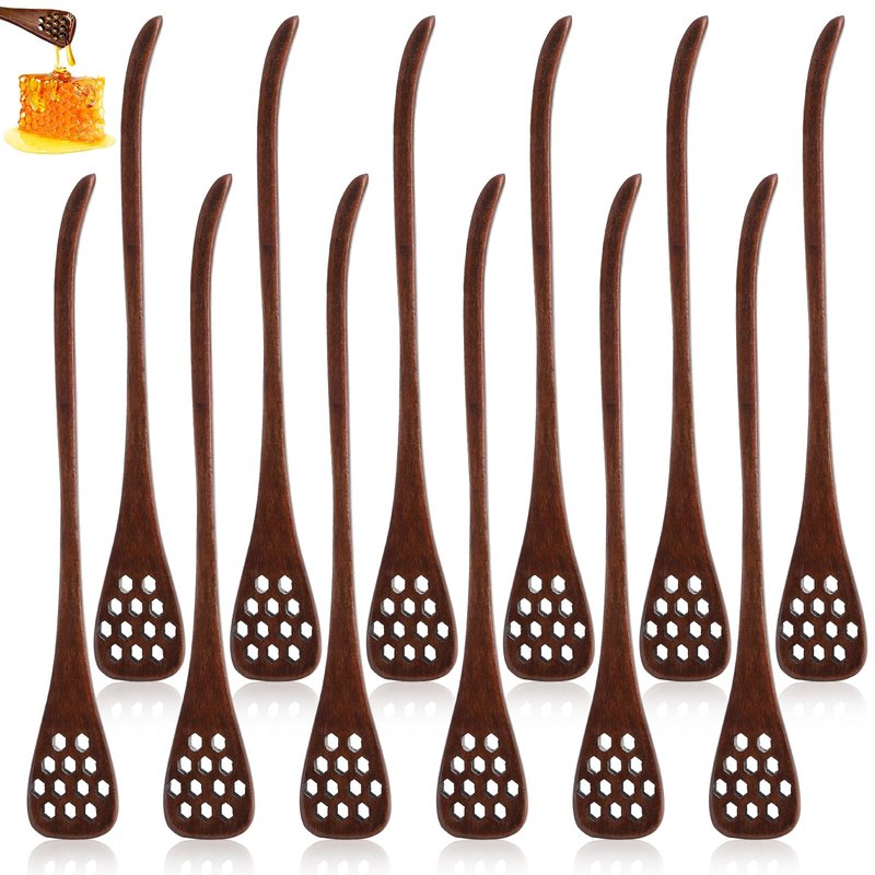 Cididu 12 Pack Wood Honey Dipper, Honey Spoon Sticks, Honey Mixing Stirrers for Tea Coffee, Honey Comb Sticks with Long Handle, Reusable Honey Wand Syrup Dippers for Home Kitchen Party, Food Safe, 7''