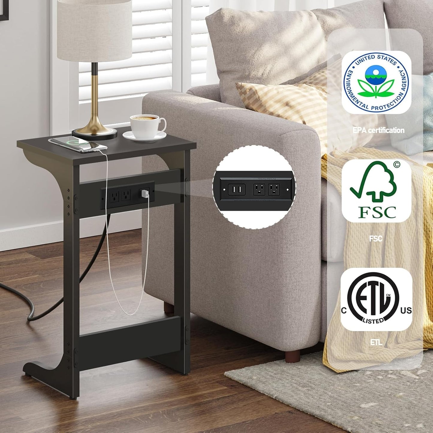 2 TB01BK044 TUTOTAK C Shaped End Table with Charging Station, Side Table, Couch Table for Small Spaces, Tv Tray Table