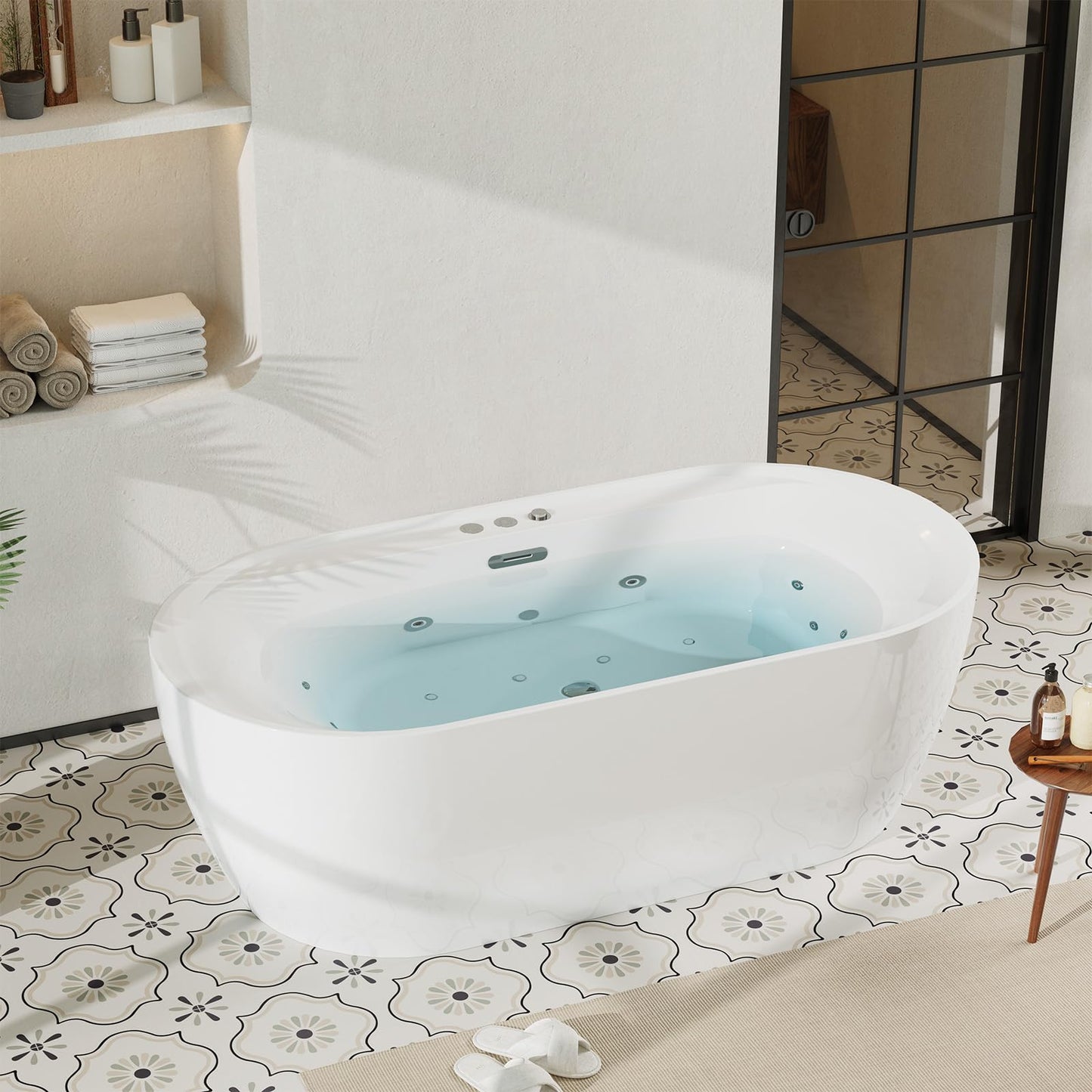 Jet Massage Freestanding Bathtub 71 inch Acrylic Soaking Tub with Bubble Jets and Manual Air Adjustment, Home Spa Bath for Relaxing Deep Water Massage