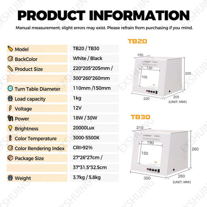 EXSHUING Jewelry Photography Light Box with Turntable, Dimmable Led Photo Tent – 360° Auto-Rotation, 1kg/2.2lbs Load, Hanging Bracket Included, 3000-5500k, CRI>92%, for Stunning Gemstone & Gold(TB30)