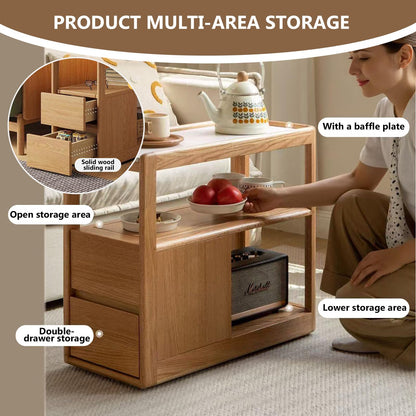 YingjiaLife Couch Side Table,with Scroll Wheels Mobile Dining Side Table,Narrow Bedside Table with Storage Function （Oak Color, 26.77" Dx 11.81" W x 23.23" H for Living Room Bedroom,Restauran Use