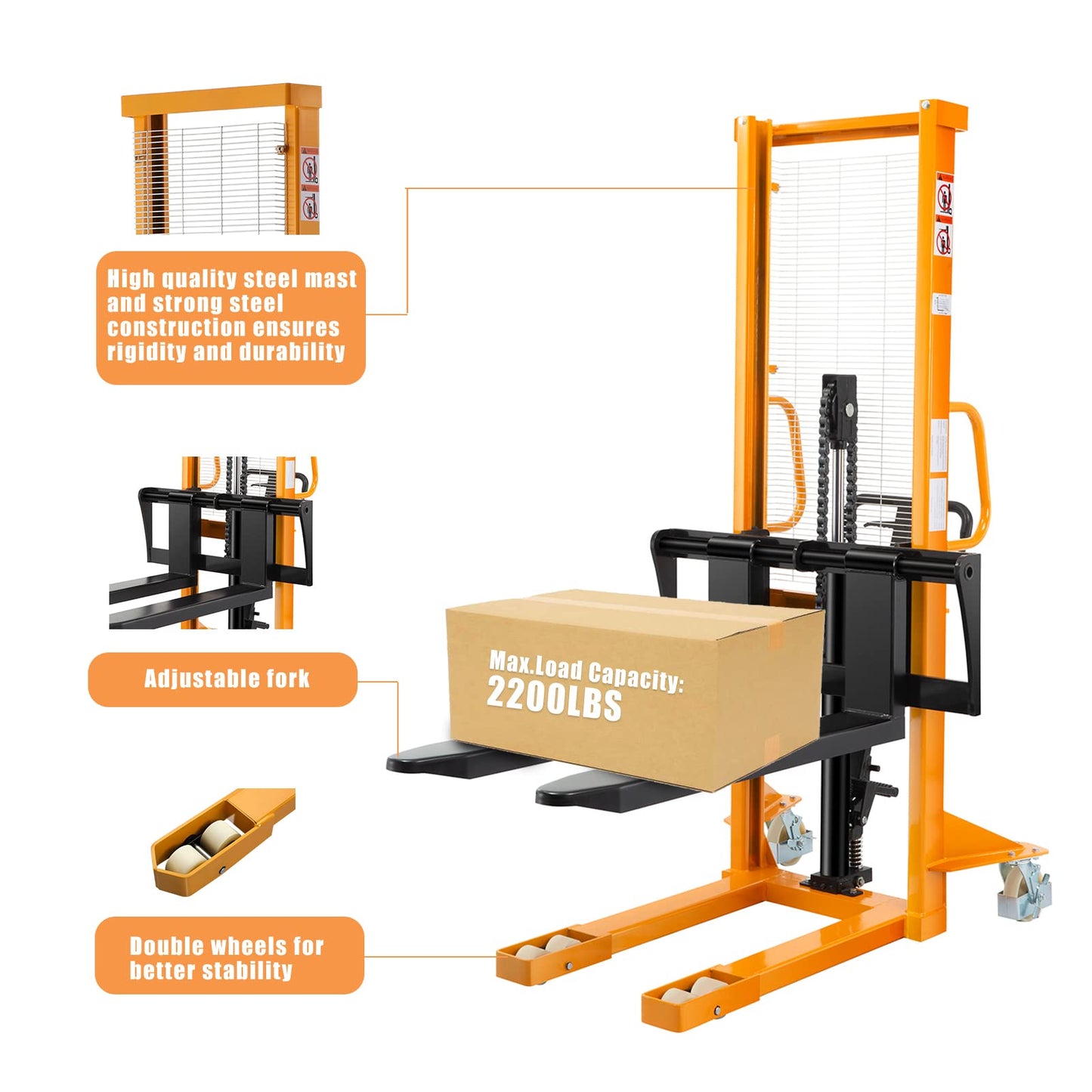 APOLLO Manual Pallet Stacker Hand Pallet Forklift 2200lbs Capacity 63" Lift Height, Fix Legs with Adjustable Forks Suitable for Open-Bottom Pallets