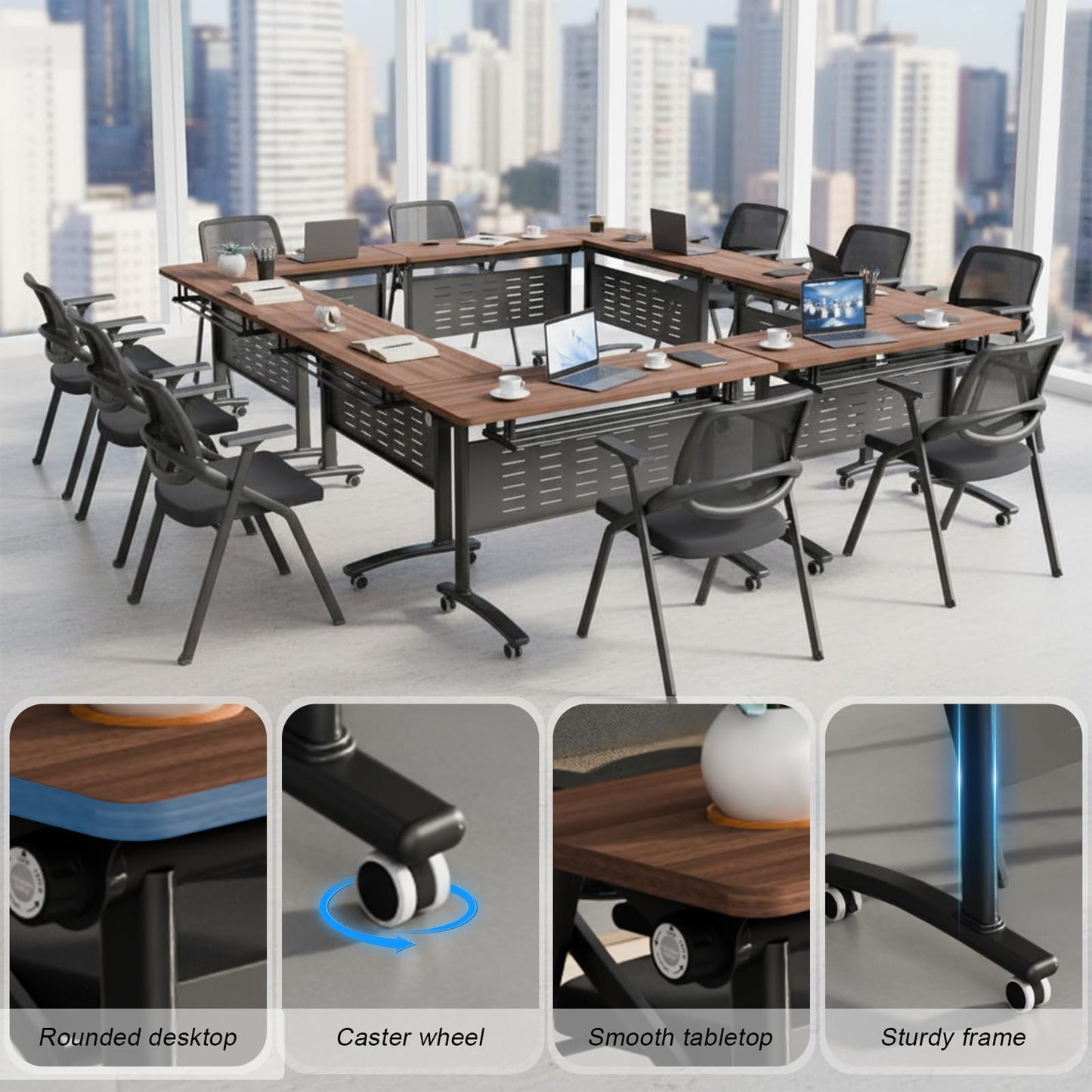 Usosidam 47.2" Folding Conference Tables, Modular Conference Room Table with Silent Lockable Wheels, Flip Top Training Table,for Office Classroom Seminar, for 6-12 Person, Walnut 2, 8 Pack