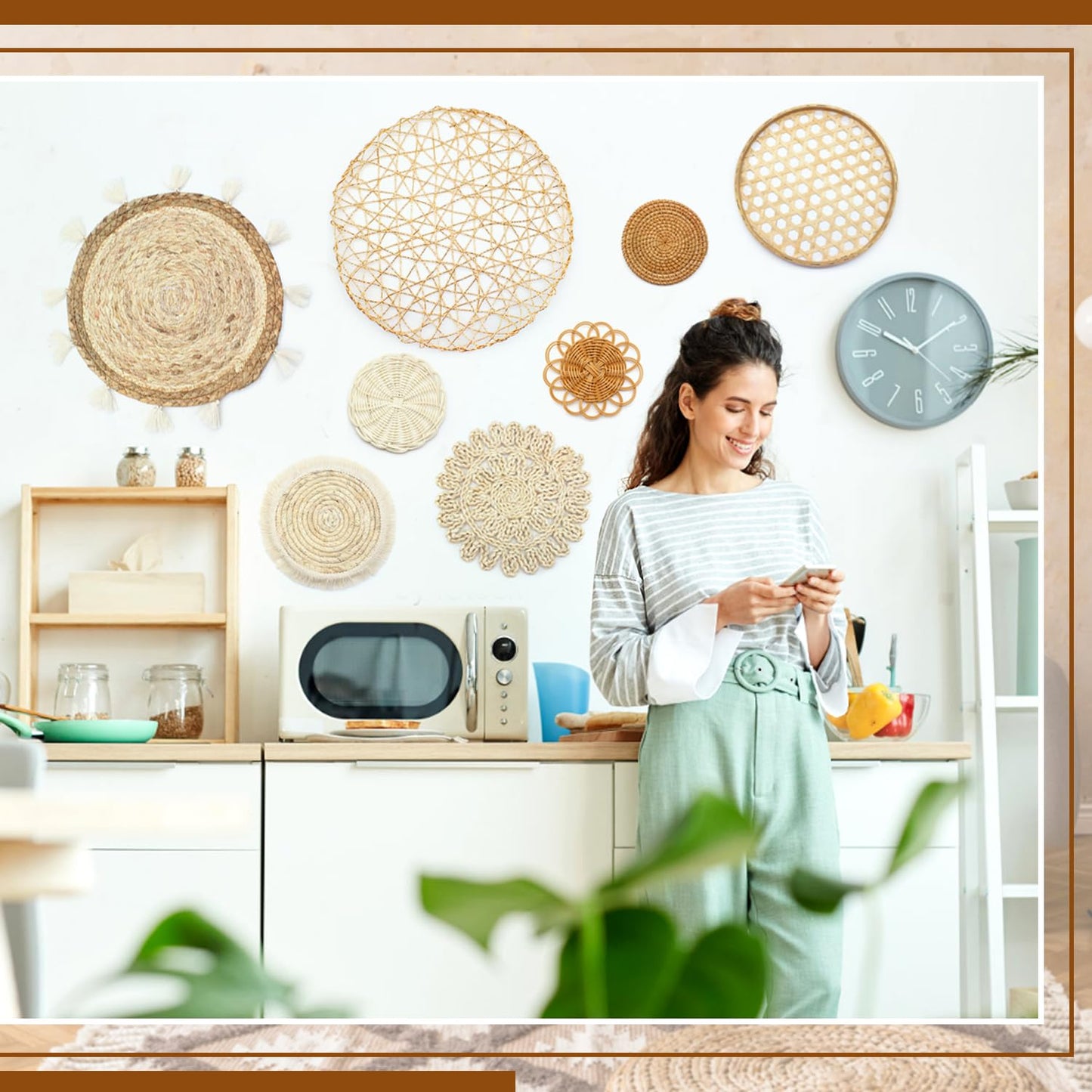 iChuan Boho Wall Hanging Basket Decor Set – 10-Piece Macrame and Woven Wall Art, Handmade Tapestry Wall Decor Seagrass Ornaments Round Tassels for Living Room, Bedroom, Nursery