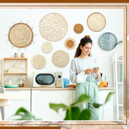 iChuan Boho Wall Hanging Basket Decor Set – 10-Piece Macrame and Woven Wall Art, Handmade Tapestry Wall Decor Seagrass Ornaments Round Tassels for Living Room, Bedroom, Nursery