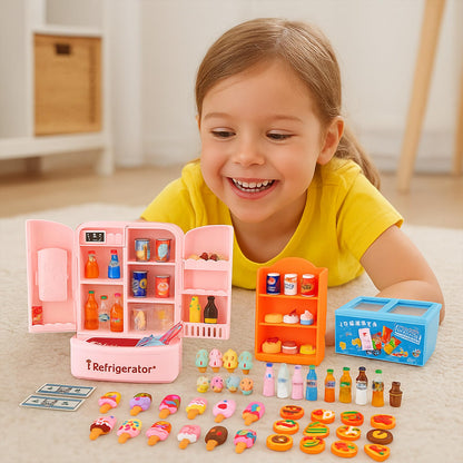 Miniature Food Play Set for Kids - Includes Refrigerator Freezer Ice Cream Drinks & Display Shelves Realistic Toy for Imaginative Play, for Toddlers