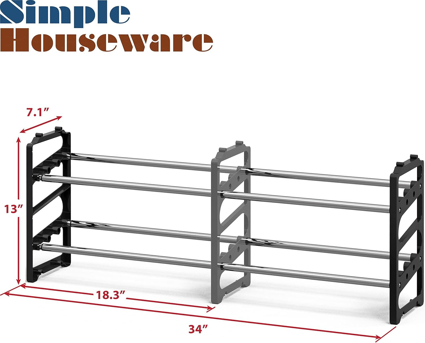 2-Tier (18''-34'') 8 Simple Houseware Expandable and Stackable Shoe Racks with Shelves for Pairs of Shoes, Black