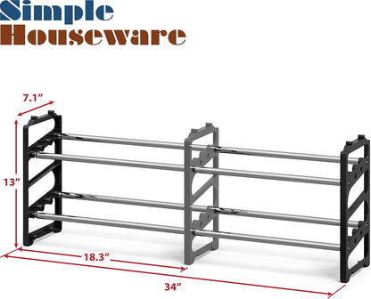 2-Tier (18''-34'') 8 Simple Houseware Expandable and Stackable Shoe Racks with Shelves for Pairs of Shoes, Black