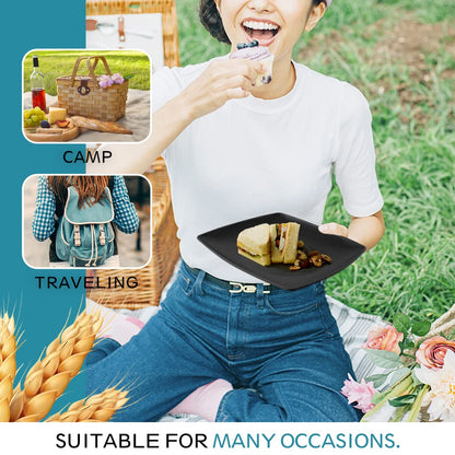 Teivio 16-piece Plastic Wheat Straw Square Dinnerware Set for 4, Unbreakable Dinner Plates, Salad Plates, Snack Bowls, Tumblers 13.5 oz, Dishwasher Safe, Kitchen Outdoor Camping,Black
