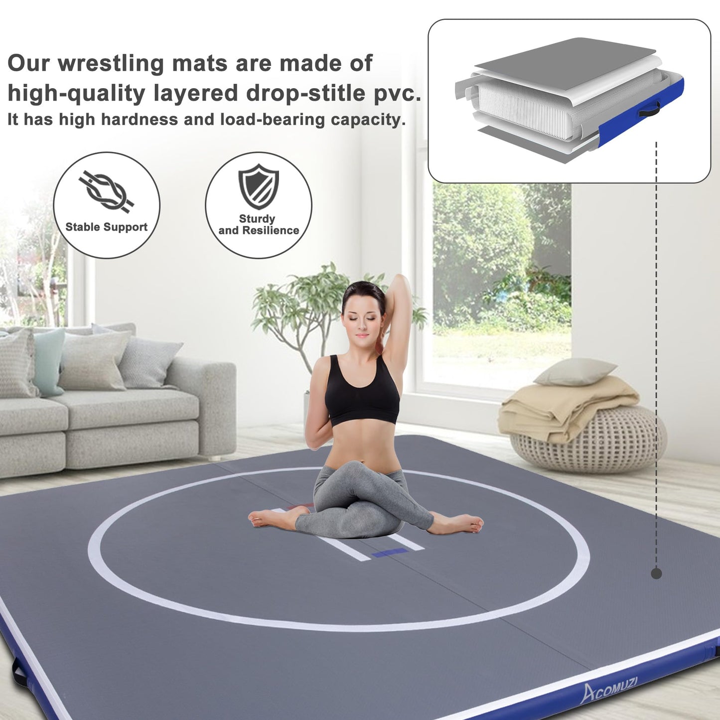 ACOMUZI Inflatable Wrestling Mat 13FT/10FT/5FT, Portable Jiu Jitsu Mats Wrestling Mat for Home, Outdoor or Indoor Training Mat for Water Yoga, Gymnastics, BJJ, MMA (Gray+Blue, 13FTx13FT×4inch)
