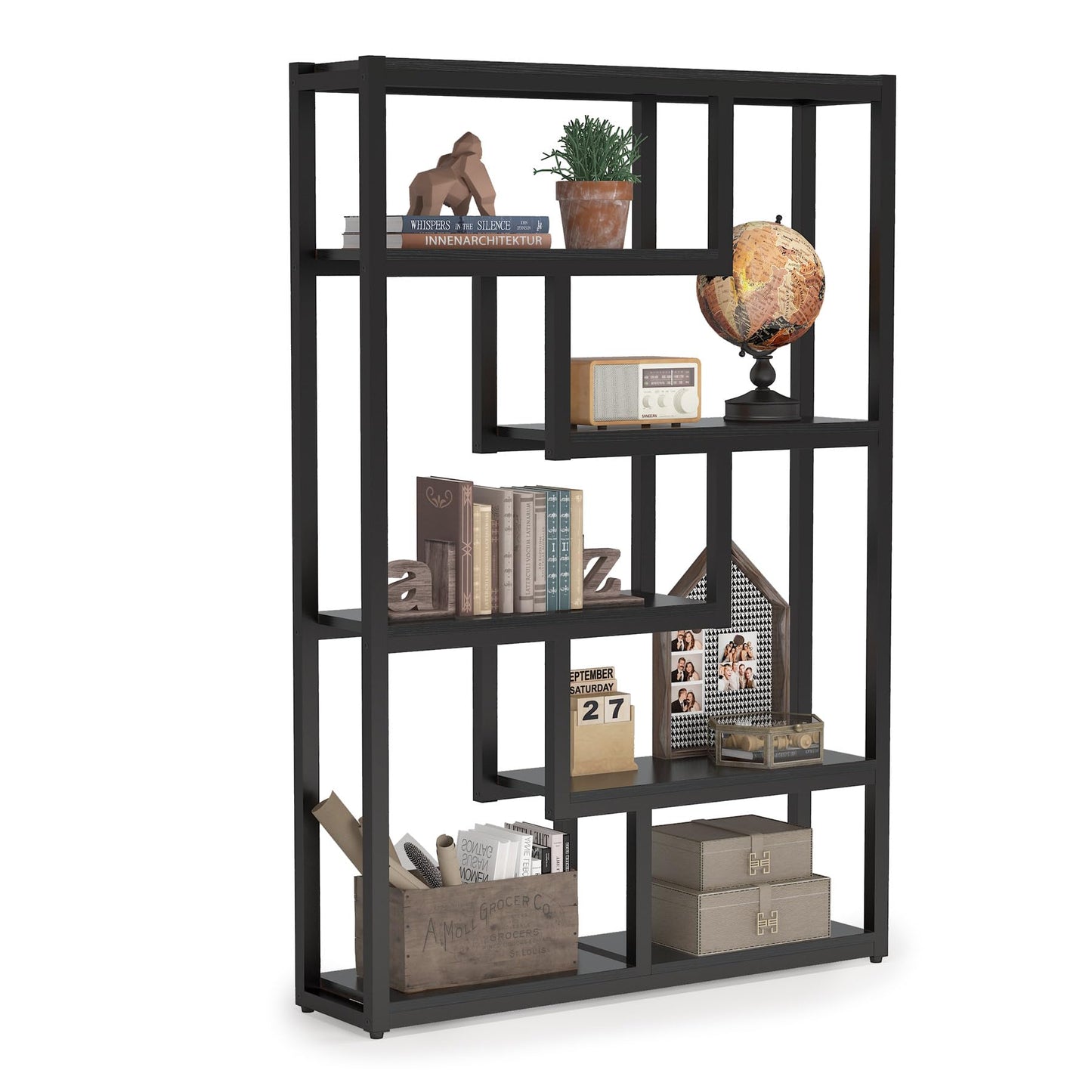 Tribesigns Way to Origin 6-Shelf Modern Bookshelf Set of 2, Industrial Etagere Bookcase, 69-Inch Tall Storage Display Staggered Shelves with Sturdy Metal Frame, Black