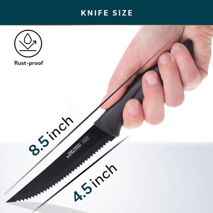 Home Hero High-Carbon Stainless Steel Steak Knife Set - Sharp Serrated Knives & Nonstick Coating - Ergonomic TPR-Coated Handles - Rust-Resistant Blades & Hand Wash - 8-Piece Set, Black
