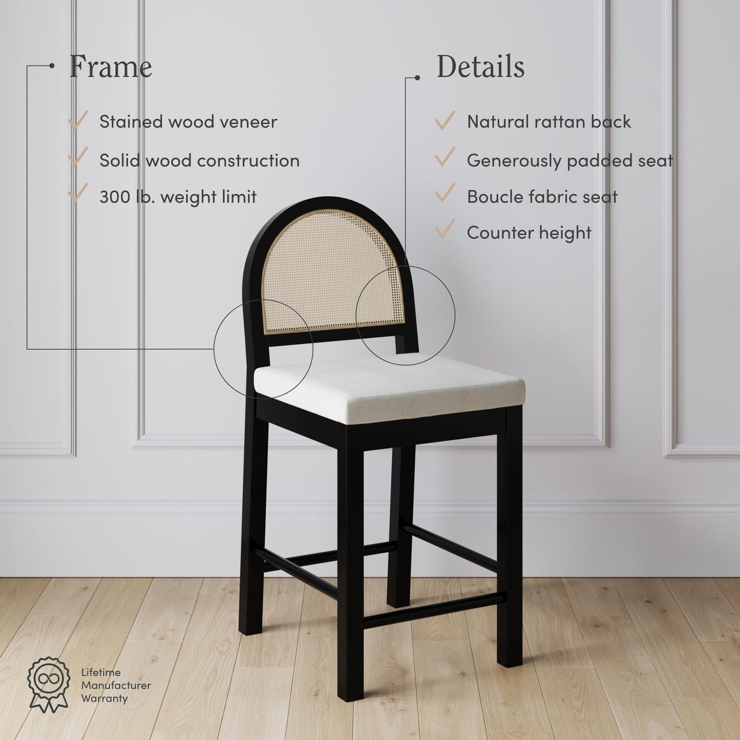 Nathan James Bailey Boucle Upholstered Rattan Bar Stool, Counter Height Stool with Natural Rattan Woven Back For Kitchen Island, White/Black Oak, Set of 4
