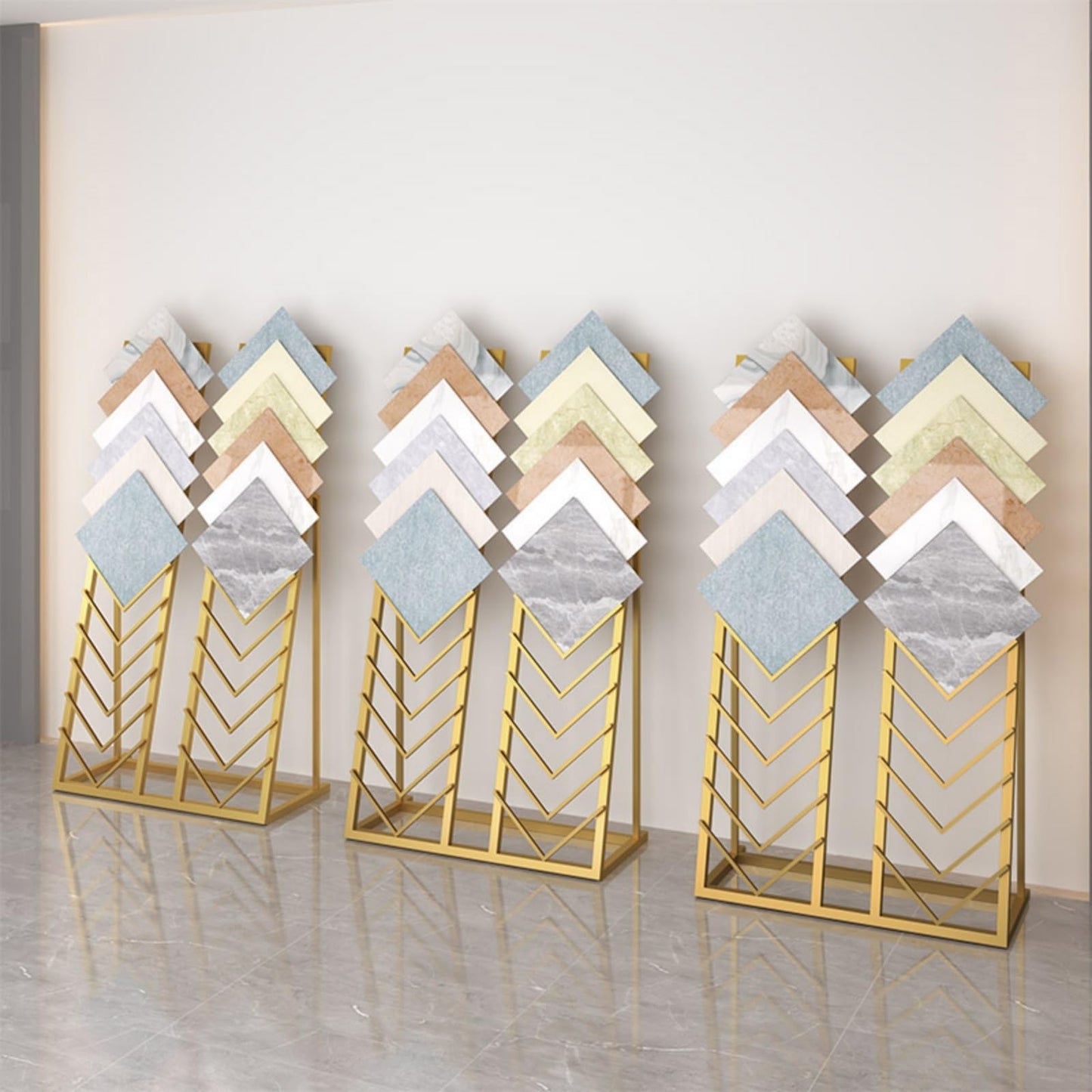 Metal Ceramic Tile Display Rack, Standing Slotted Flooring Display Shelf, Large Floor Storage for Tiles, Wooden Floor Sample Holder for Showroom & Retail Use (Double Row)(Gold,Small)