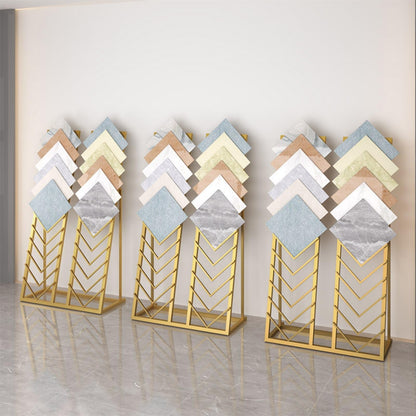 Metal Ceramic Tile Display Rack, Standing Slotted Flooring Display Shelf, Large Floor Storage for Tiles, Wooden Floor Sample Holder for Showroom & Retail Use (Double Row)(Gold,Small)