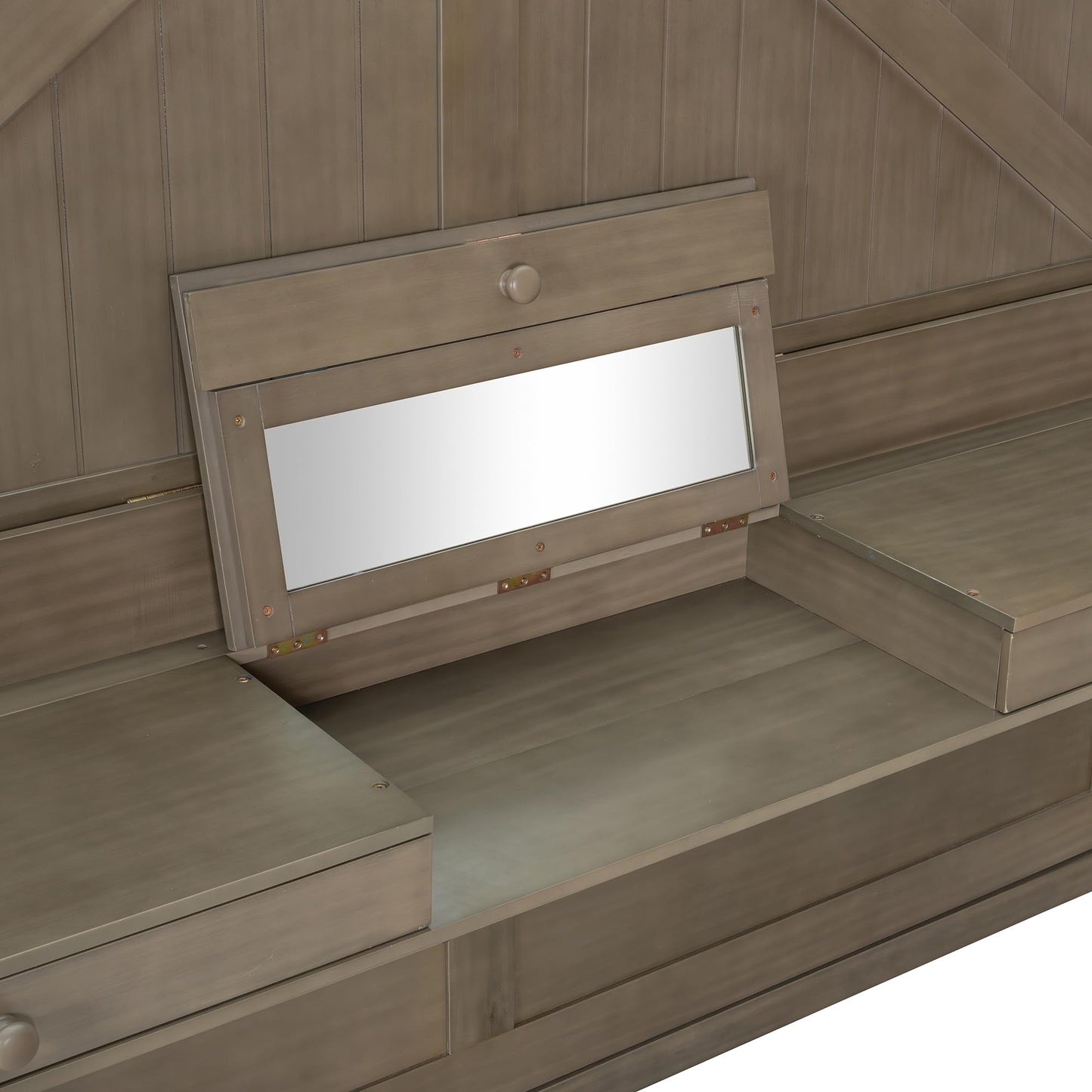 Ball & Cast Murphy Bed Queen W/Built-in Vanity Desk,Murphy Frame Cabinet W/ 2 Side Drawers,Wood Hide Away Wall Bed W/Center Mirror,for Bedroom,Home Office,Home Gym,Distressed Gray