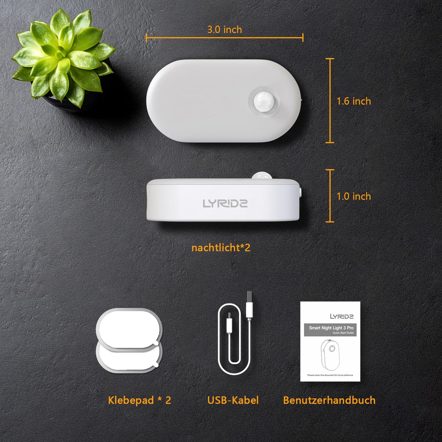 Lyridz Dimmable Night Light with Motion Sensor, Warm White LED Night Light, Battery, Rechargeable, USB-C, Self-Adhesive Cabinet Lighting, Orientation Light for Children's Room, Bedroom, Kitchen,