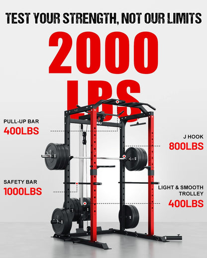 Goimu C1-V4 Power Cage, 2000LBS Squat Rack with LAT Pulldown, Multi-Function Weight Cage Strength Training Machine, Workout Cage with More Attachments for Home Gym Garage (C1-SE RD)