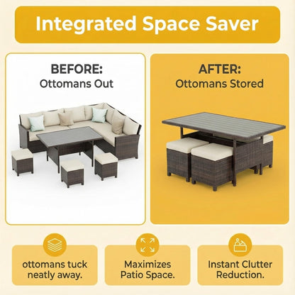 Wisteria Lane 7 Piece Patio Furniture Set, High Curved Back Wicker Patio Sectional, All Weather Outdoor Dining Set, Outdoor Furniture Patio Conversation Set with Ottoman, Ivory