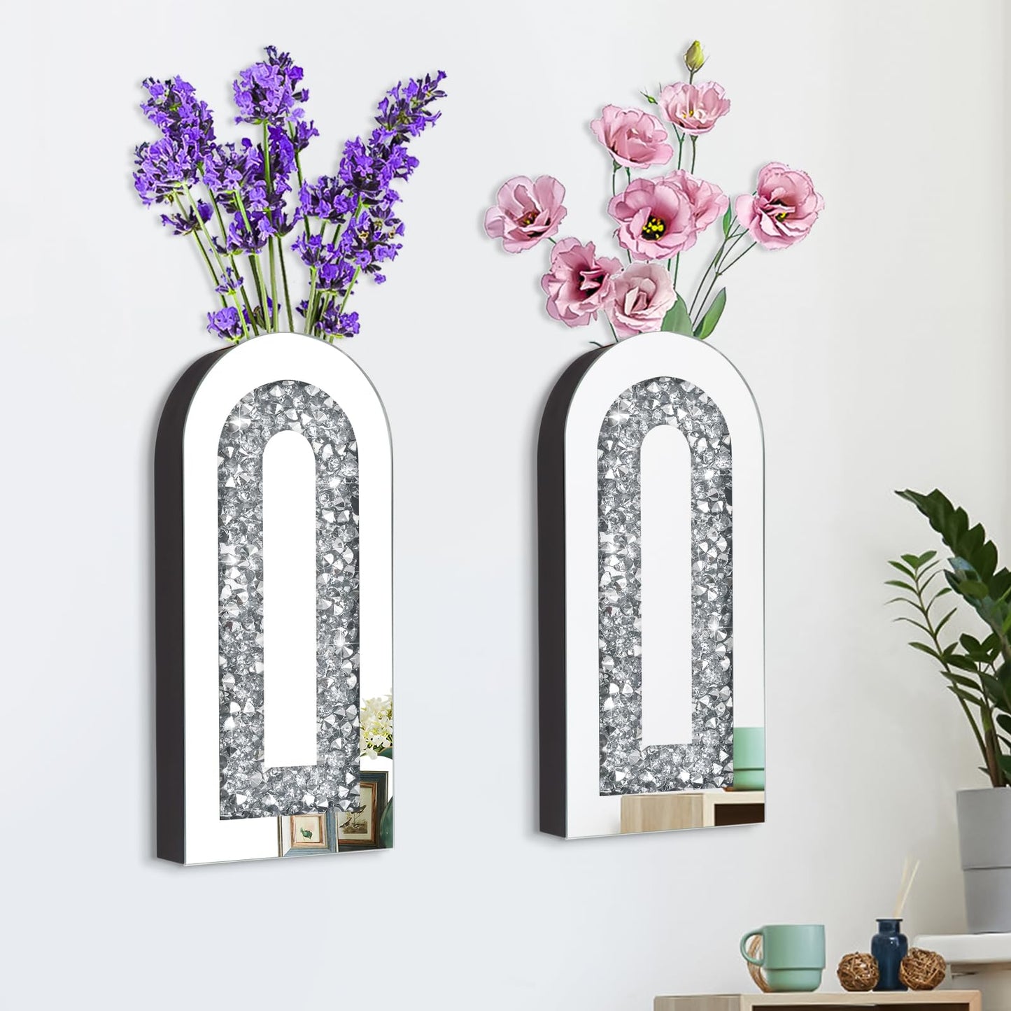 Azonsdop Silver wall Decor Mirrored Vase Set of 3,Crystal Crush Diamond Flower Vase,Stunning Decorative Glass Hanging Planter & Container for Home Wall Decor.Befit for Faux Plants.Can't Hold Water.