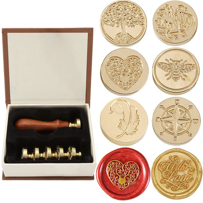 Yoption 6 Pcs Wax Seal Stamp Set, Vintage Tree of Life Bee Heart Compass Feather with Love Sealing Wax Stamps Kit, Wooden Handle with Brass Head for Wedding Invitation Cards Christmas Gift