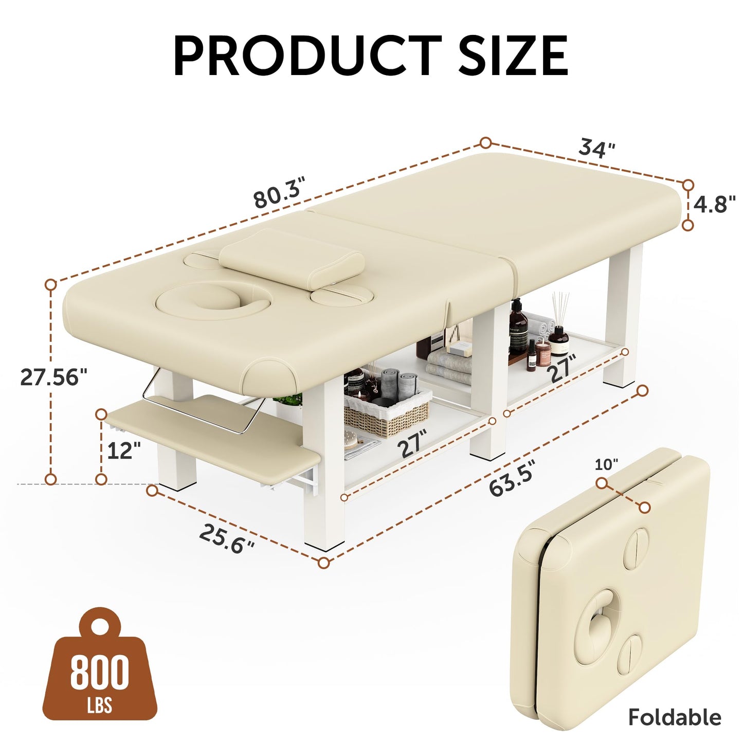 Extra Large 34 in × 80 in Folding Stationary Massage Table with Adjustable Backrest & Armpit Opening , Heavy-Duty Metal Frame Treatment Bed for Spa, Physical Therapy, Tattoo, Facial - Beige Gray