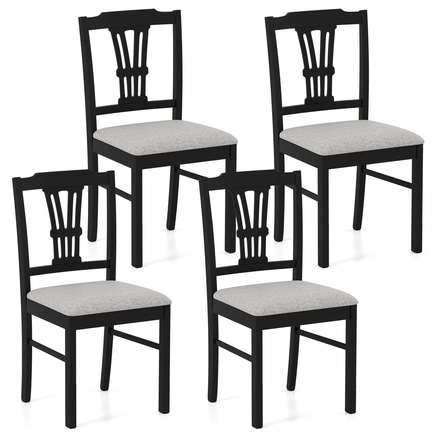 Giantex Wooden Dining Chairs Set of 4, Upholstered Kitchen Chairs with Solid Rubber Wood Frame, Hollowed Backrest & Soft Padded Seat, Armless Dining Chairs for Kitchen, Dining Room, Black & Gray