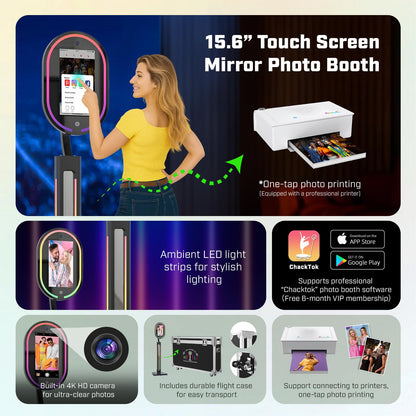 MWE Magic Mirror Photo Booth Touch Screen with Printer and 1200W Pixel 4K HD Camera,RGB Surround Light Music Sync,Mirror Video Booth with Software APP Remote Control (16in+Printer) (Black, 16in)
