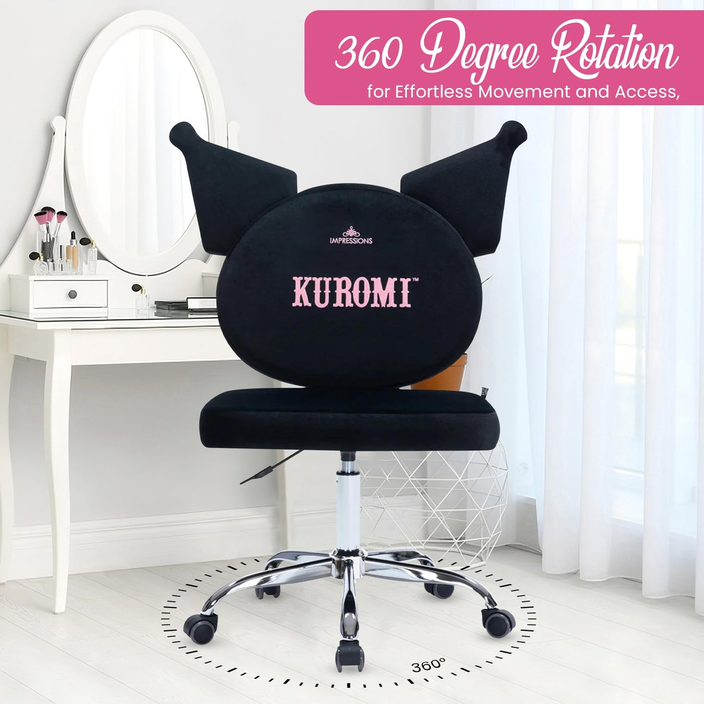 Impressions Vanity Kuromi Swivel Vanity Chair with Wheels | Adjustable Height Silver Metallic Base 360-Degree Spin Armless Padded Cute Velvet Makeup Vanity Chair | Cute Desk Chair for Bedroom, Black