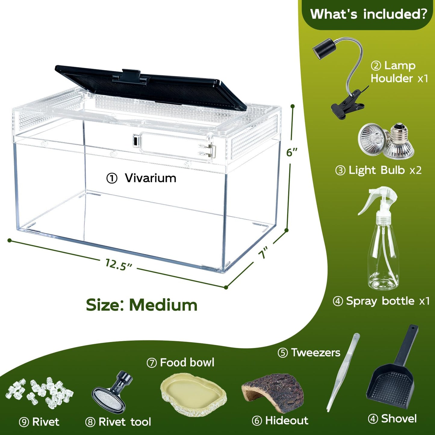 BINANO 12.5''×6''×7'' Reptile Tank Kit with Heat Lamp, Spray Bottle, Shovel, Tweezers, Food Bowl, Hideout -Perfect for Geckos, Snakes, Lizards, Turtles, Jumping Spider,Milk Frog,Hermit Crabs