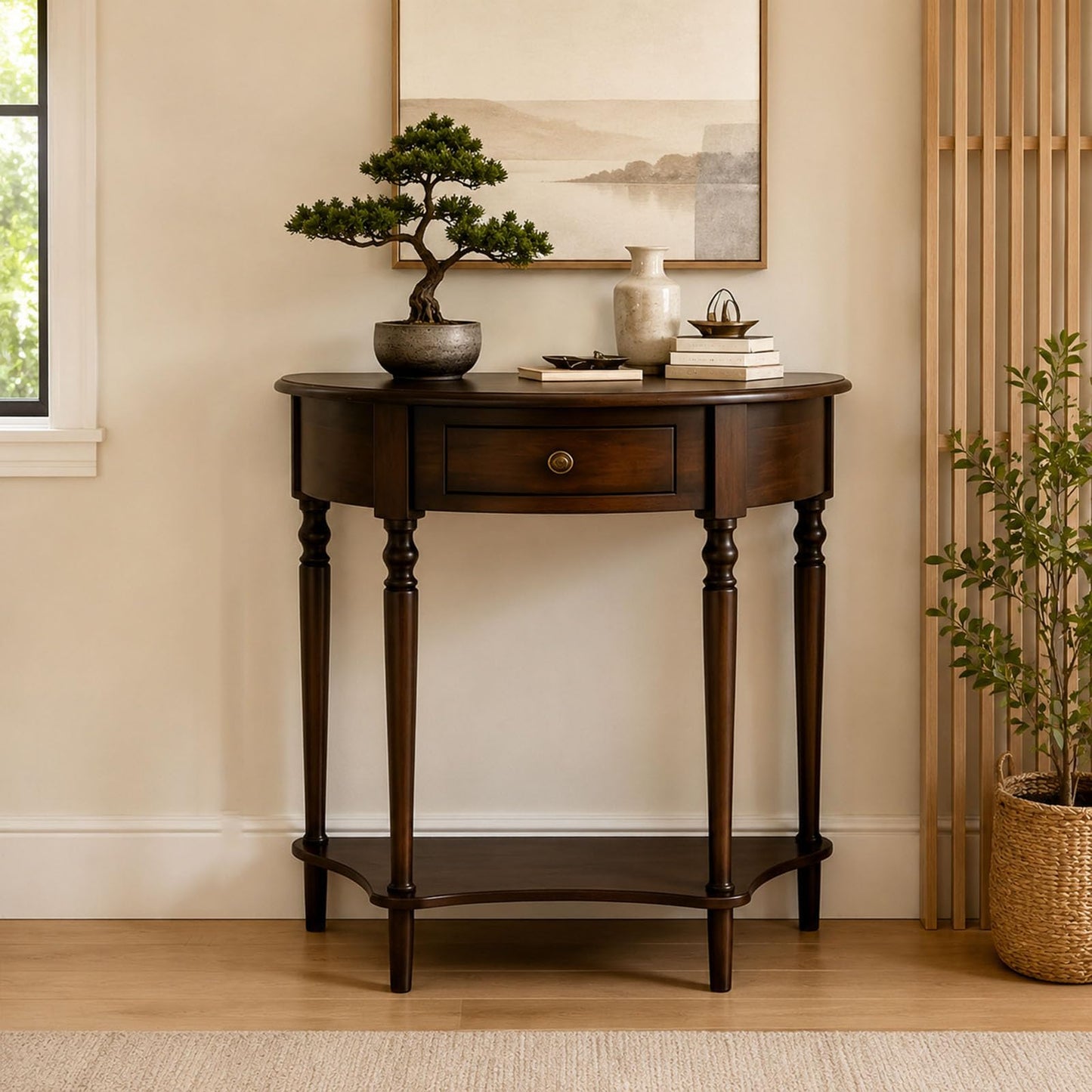 YNVHKFN Half Moon Console Table - Solid Wood Entryway Table with Drawer & Shelf, Narrow Sofa Table for Hallway, Curved Accent Table for Living Room, Foyer, Small Space Storage Table