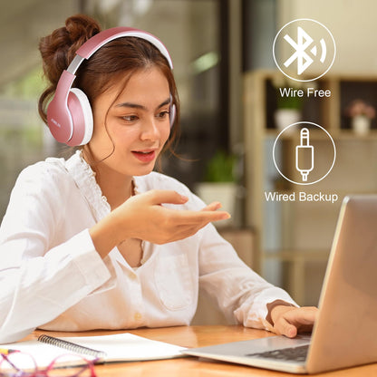 JOMILIN B9 Bluetooth Headphones Over-Ear, 3 EQ Music Modes and 50H Playtime Wireless Headphones with Mic, Hi-fi Stereo Lightweight Folding Headset, Volume Control for Travel Tablet PC (Rose Gold)