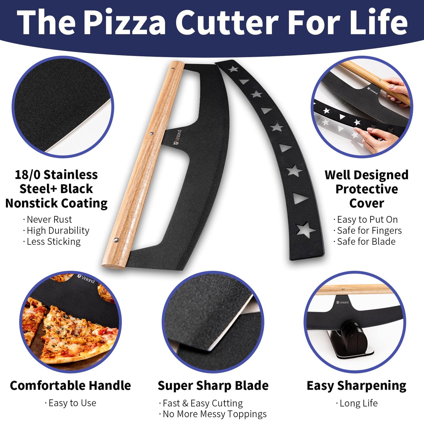 16-Inch Pizza Cutter Rocker Blade, Food Grade Stainless Steel Slicing Knife & Sharp, Rust-Proof, Stylish Rubberwood Wood Handle, Protective Cover - Professional Pizza Oven Accessories, Black