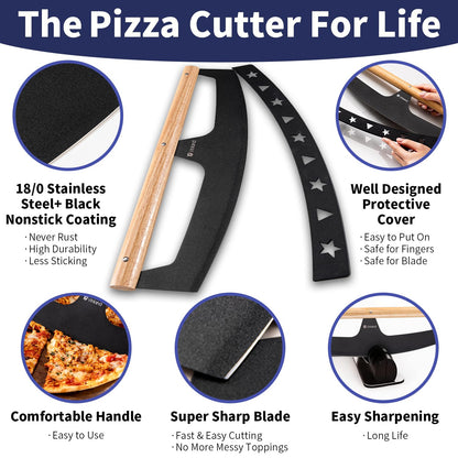 16-Inch Pizza Cutter Rocker Blade, Food Grade Stainless Steel Slicing Knife & Sharp, Rust-Proof, Stylish Rubberwood Wood Handle, Protective Cover - Professional Pizza Oven Accessories, Black
