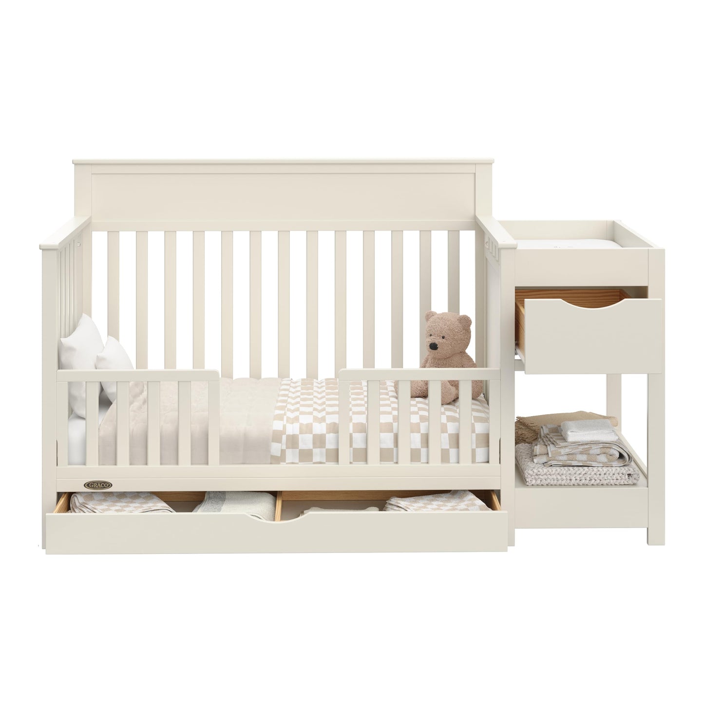 Graco Shiloh 5-in-1 Convertible Crib & Changer with Drawer – GREENGUARD Gold Certified Baby Crib Crafted from Wood, Converts to Toddler Bed, Daybed, and Full-Size Bed (Frosted Oat)