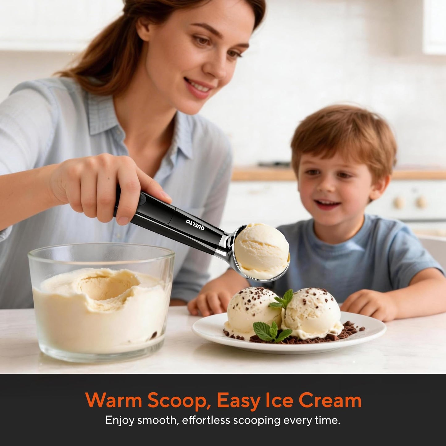 Heated Ice Cream Scoop with LED Display — Rechargeable Electric Ice Cream Scoop with Comfortable Handle, 3 Modes, IPX7, Non-Stick Stainless Steel for Hardened Ice Cream, Sorbet, Gelato, & Cookie Dough