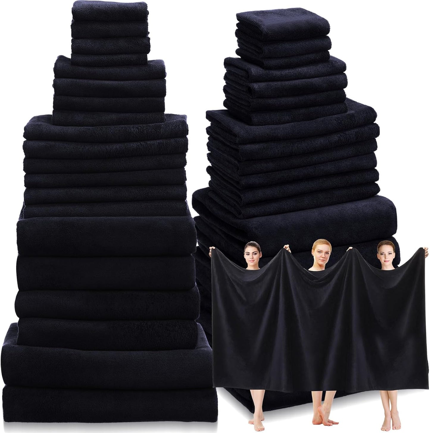 24 Set: 2 4 6 8 4 Mixweer Piece Black Microfiber Absorbent Towel Oversized Bath Sheets, Bath Towels, Hand, Washcloths