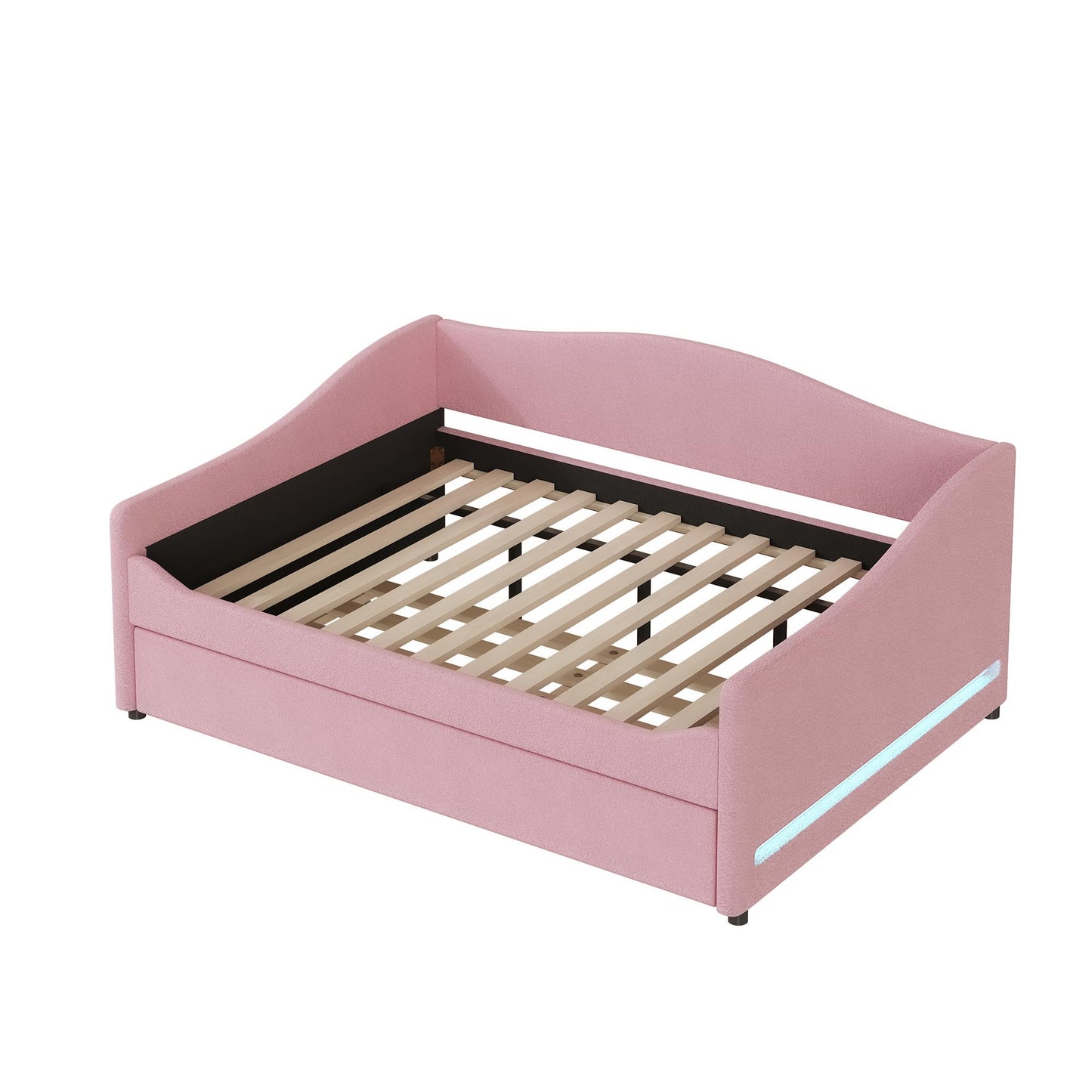 Full Size Upholstered Daybed with Trundle,Teddy Fleece Full Daybed Frame,Full Day Bed with LED Light,Tufted Sofa Bed Daybed for Bedroom,Living Room,Guest,Pink
