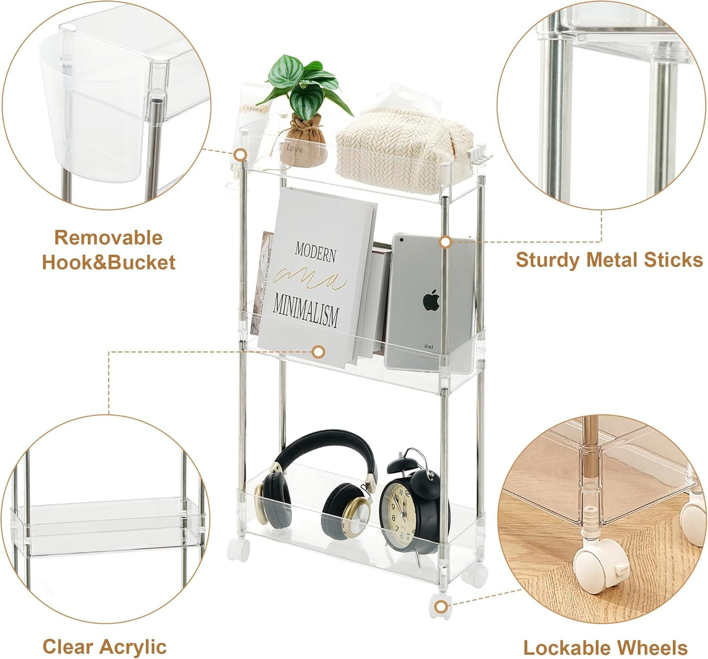 3-Tier 2 VECELO Acrylic Rolling Cart, Utility Cart for Kitchen Storage, Mobile Shelves Slide-Out Organizers
