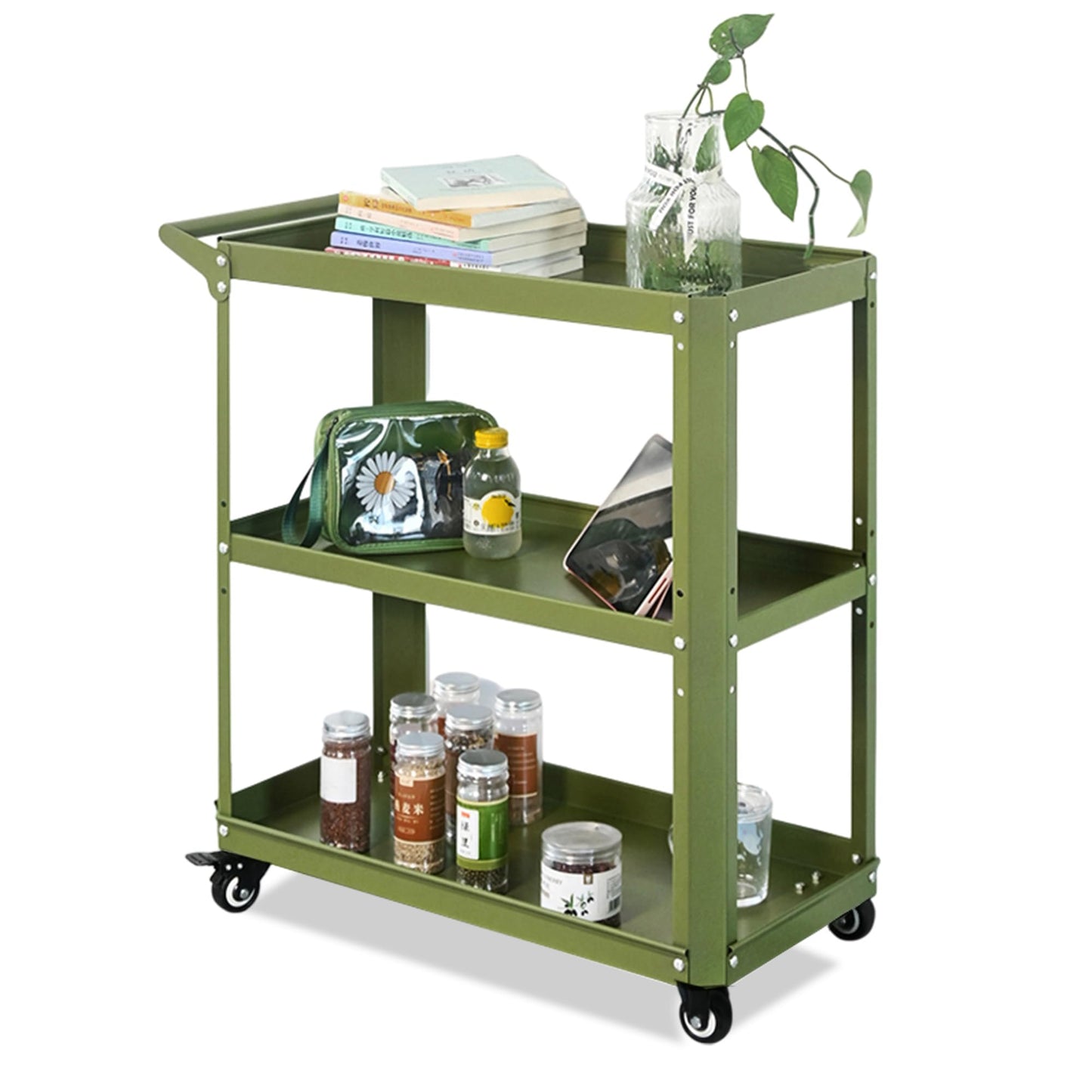 XCX 3 Tier Rolling Tool Cart with Lockable Silent Wheels, 330 LBS Capacity, Metal Service Cart for Home, Garage, Warehouse, Workshop