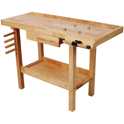 ABH 48 Inches Wood Workbench Heavy Duty Woodworking Table with Adjustable Handle Storage Shelf, 330lbs Capacity Solid Wood Workstation for Garage, Workshop, Improvement (Natural)