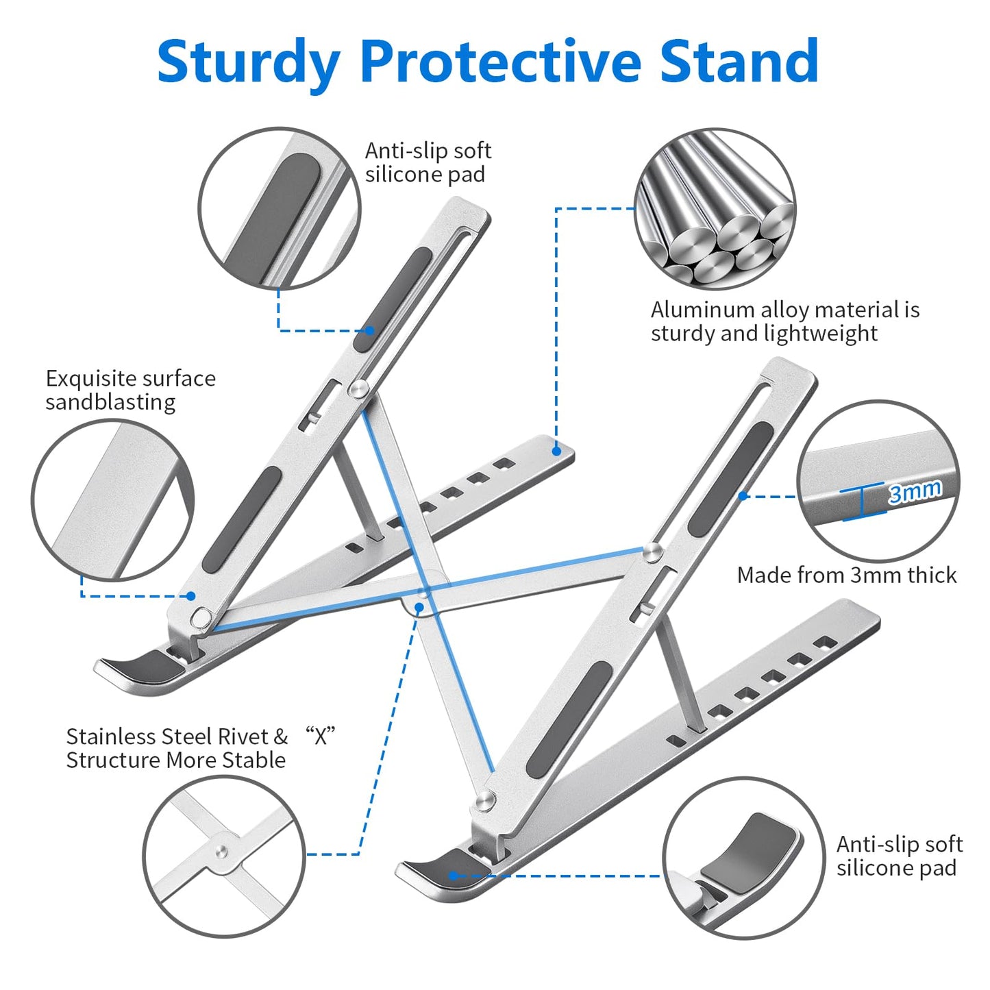 Sopholid Laptop Stand for Desk, Aluminum Metal MacBook Stand，Computer Riser for Desk, Portable Foldable Adjustable Notebook Holder, Compatible with 10-15.6 Inch Laptops, iPad, Silver.