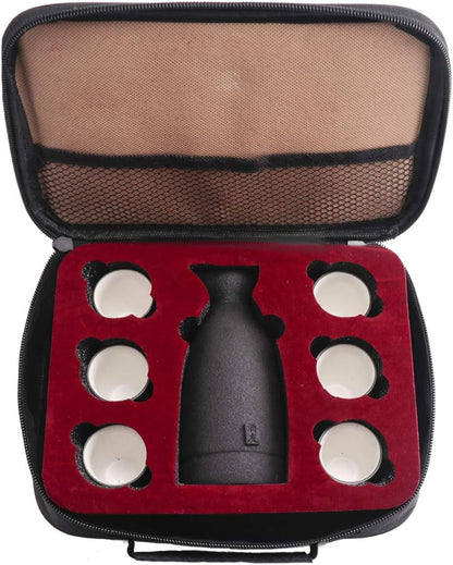 Ceramic Sake Set with Cups + Keep Sake Storage Box - Traditional Porcelain Pottery Drink Set Kit, 7-Piece