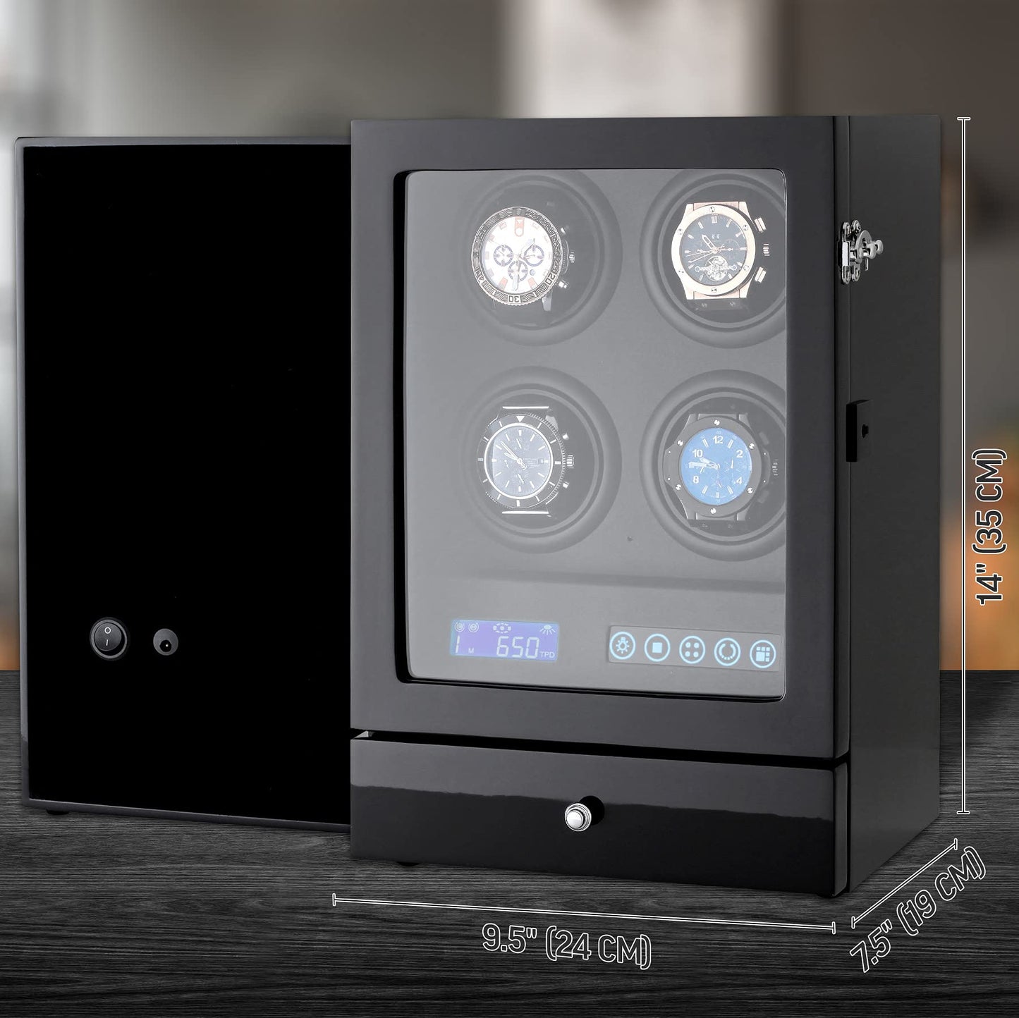 Automatic Watch Winder with LED Light, Storage Drawer and LCD Touchscreen Control (Black + Black)