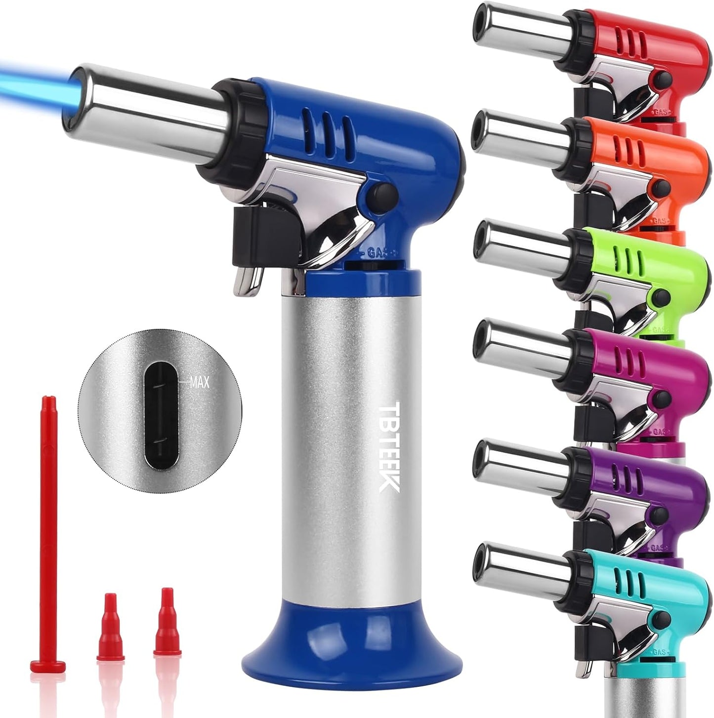 TBTEEK Butane Torch T907 with Fuel Gauge, One-Hand Operation Kitchen Lighter for BBQ, Baking, Crafts (Blue)