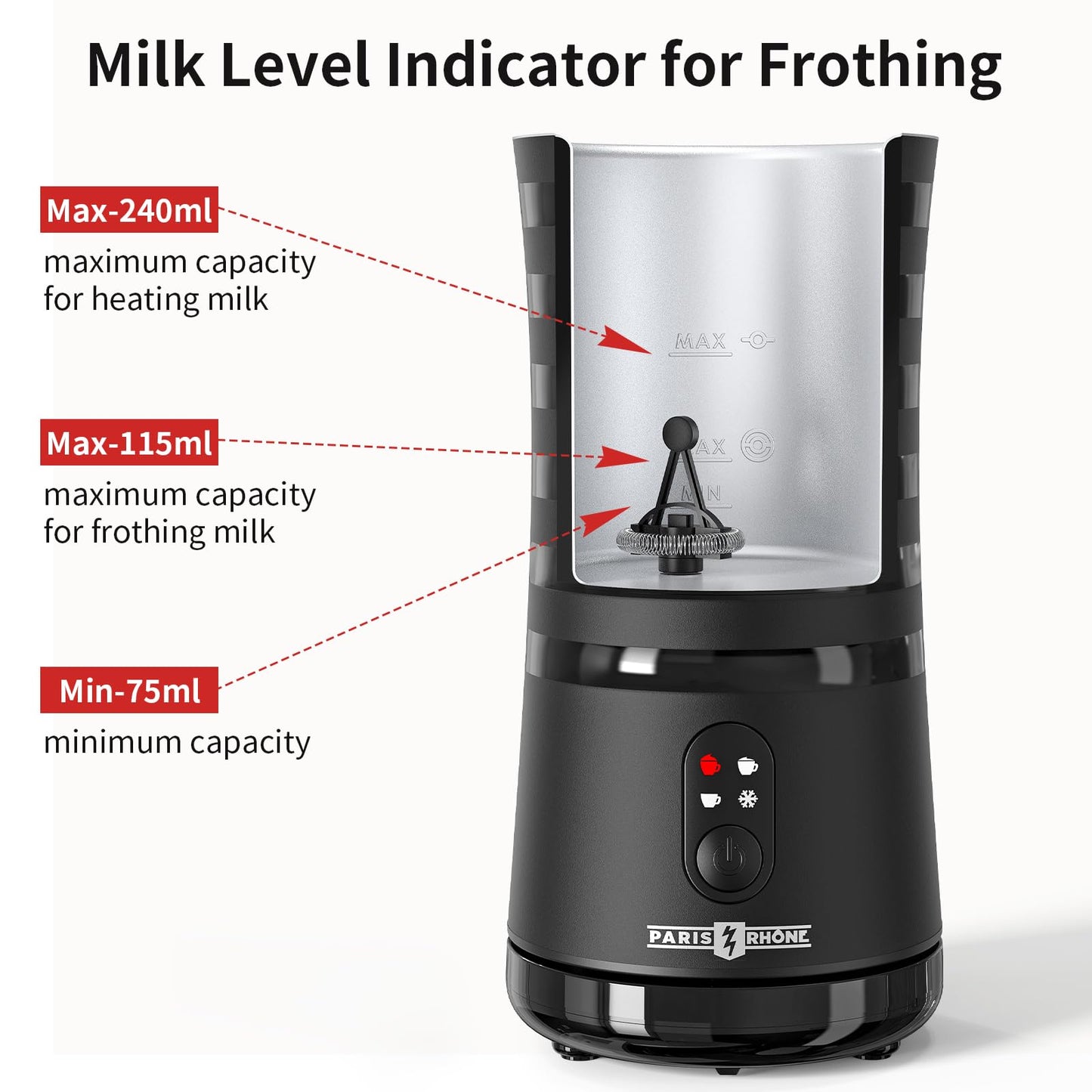 Electric Milk Frother, Paris Rhône 4-in-1 Milk Steamer and Frother, Hot & Cold Foam Milk Warmer with Temperature Control, Auto Shut-Off Frothers for Coffee, Latte,Macchiato, Cappuccino