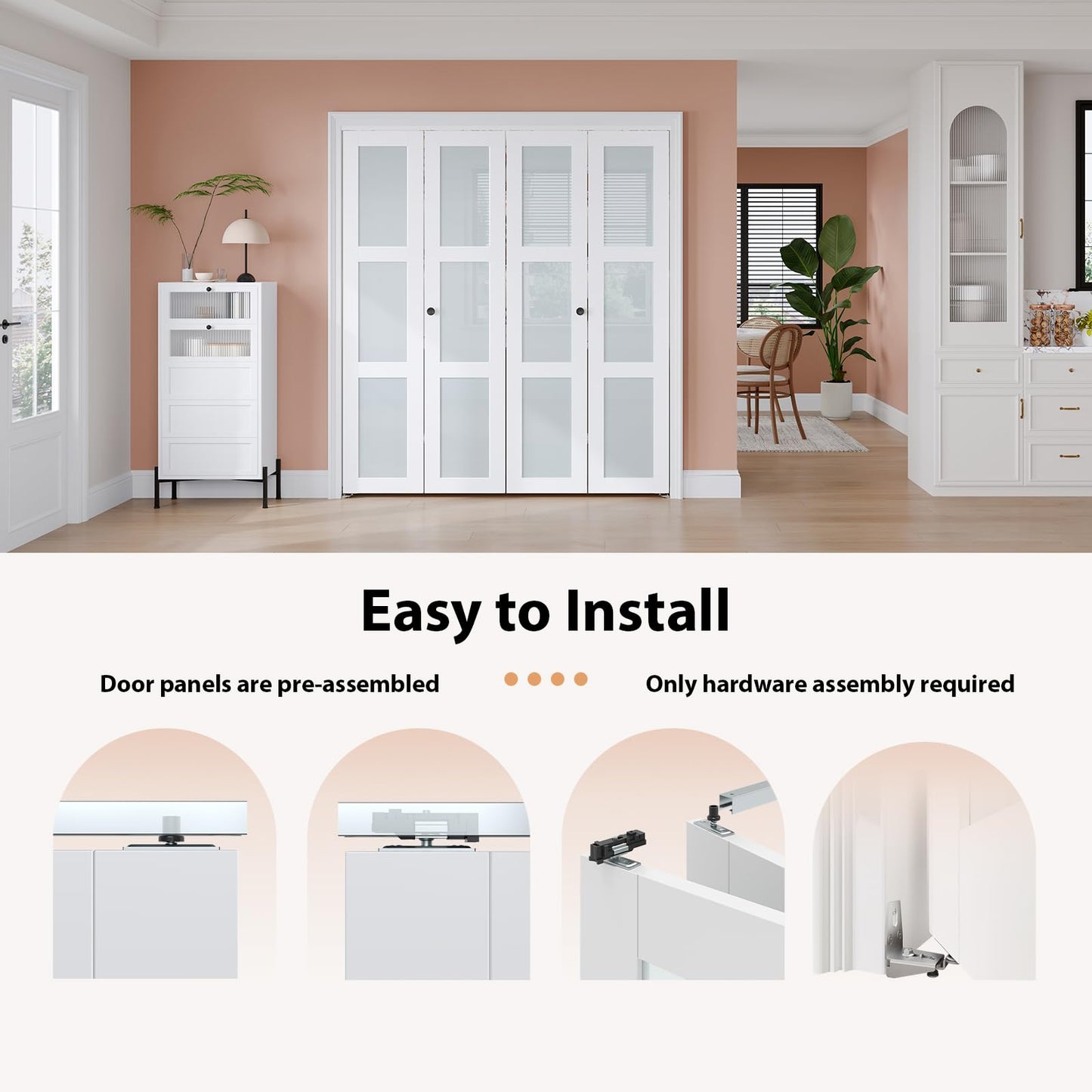 EaseLife Preassembled Bi-Fold Doors, for 72"x 80" Opening,Tempered Frosted Glass Closet Folding Barn Door with Concealed Hardware Kit,MDF Wood Panel,Water-Proof PVC Surface,Easy Installation