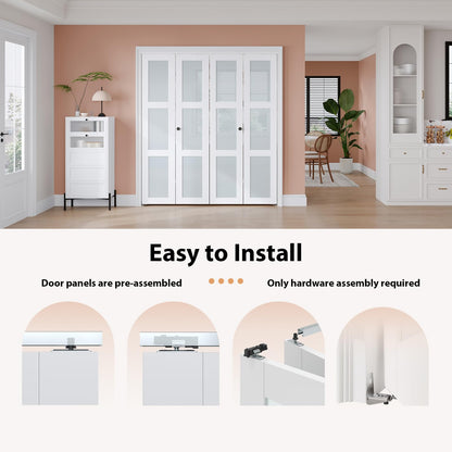EaseLife Preassembled Bi-Fold Doors, for 72"x 80" Opening,Tempered Frosted Glass Closet Folding Barn Door with Concealed Hardware Kit,MDF Wood Panel,Water-Proof PVC Surface,Easy Installation