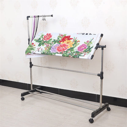 ELUKHT Stainless Steel Adjustable Height Embroidery Stand Cross Stitch Frame,360 Degrees Rotatable Wooden Floor Tabletop Tapestry Frame Craft Stand,Standing Lap Table for Art Craft Sewing Holder (S)